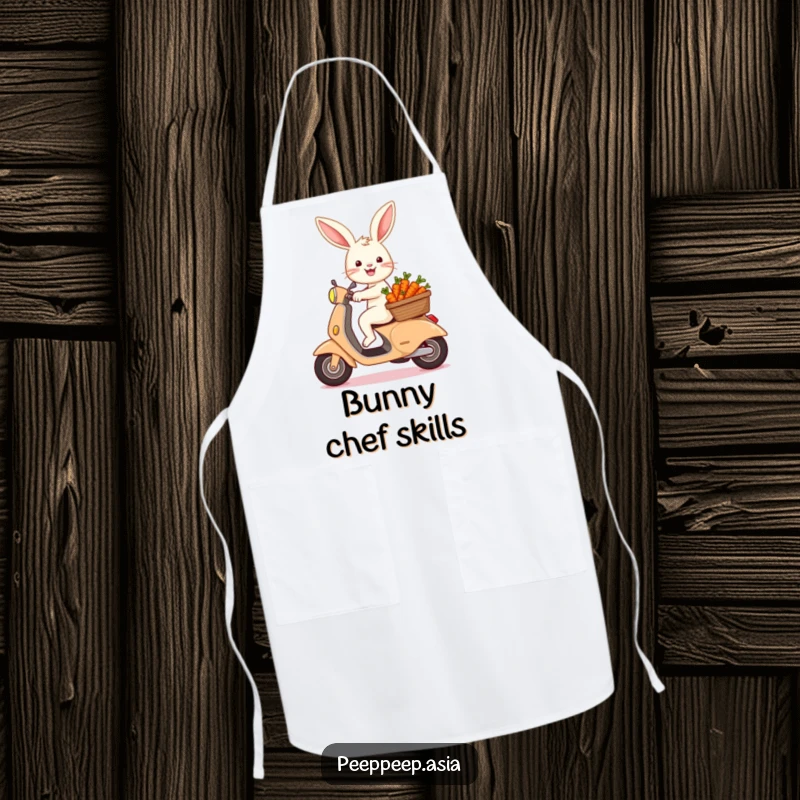 Funny bunny with a basket of carrots on a scooter, ready to cook, making this apron a humorous and practical kitchen accessory.