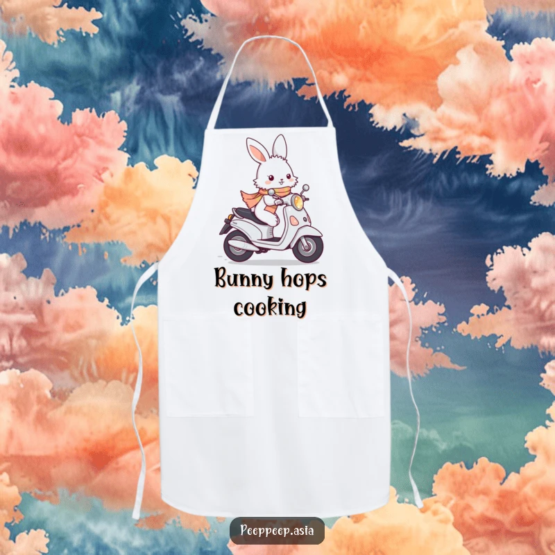 Funny fluffy white bunny wearing a scarf, zipping by on a moped, a humorous and practical apron for kitchen fun.