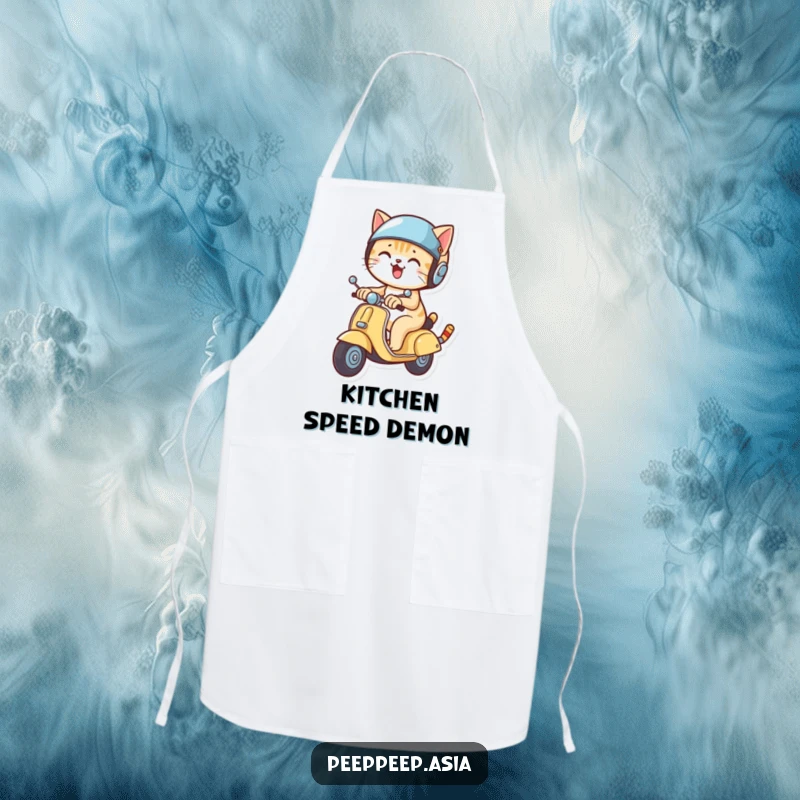 Funny cat with a helmet on a scooter, ready to cook, making this apron a humorous and practical kitchen accessory.