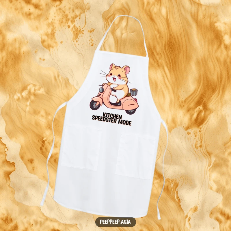 Funny hamster with wind-blown whiskers on a scooter, ready to cook, making this apron a humorous and practical kitchen accessory.