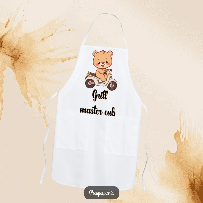 Funny cheerful brown bear cub balancing on a small moped, a humorous and practical apron for kitchen fun.
