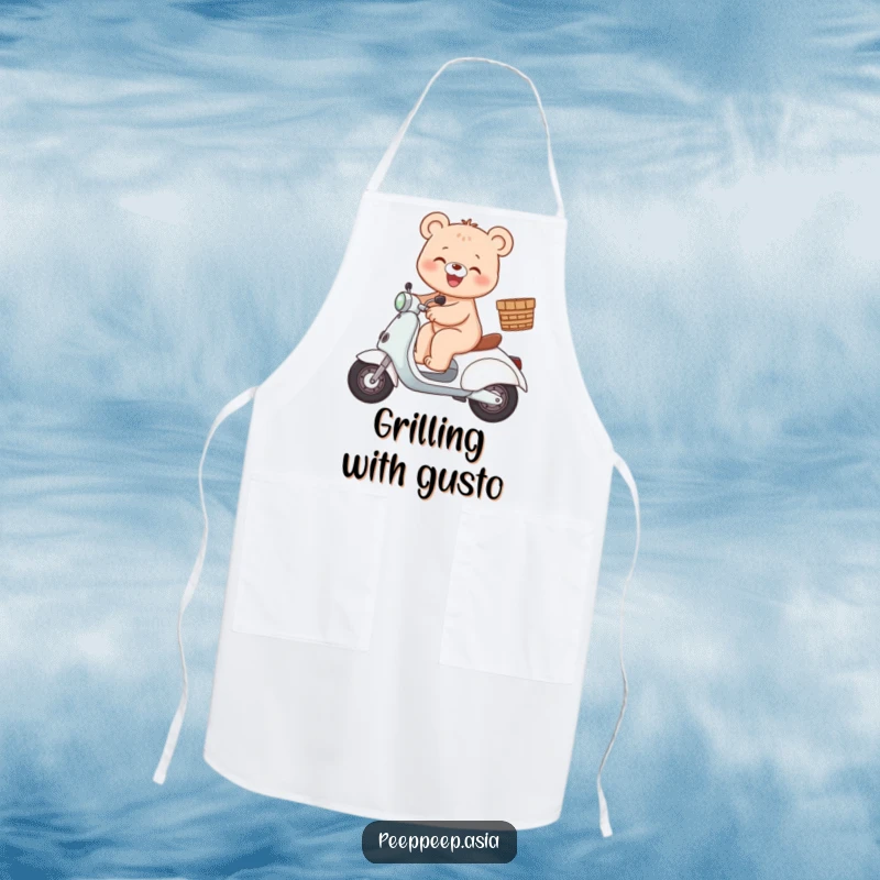 Funny bear scooter apron featuring a gleeful bear character riding a scooter with a basket.