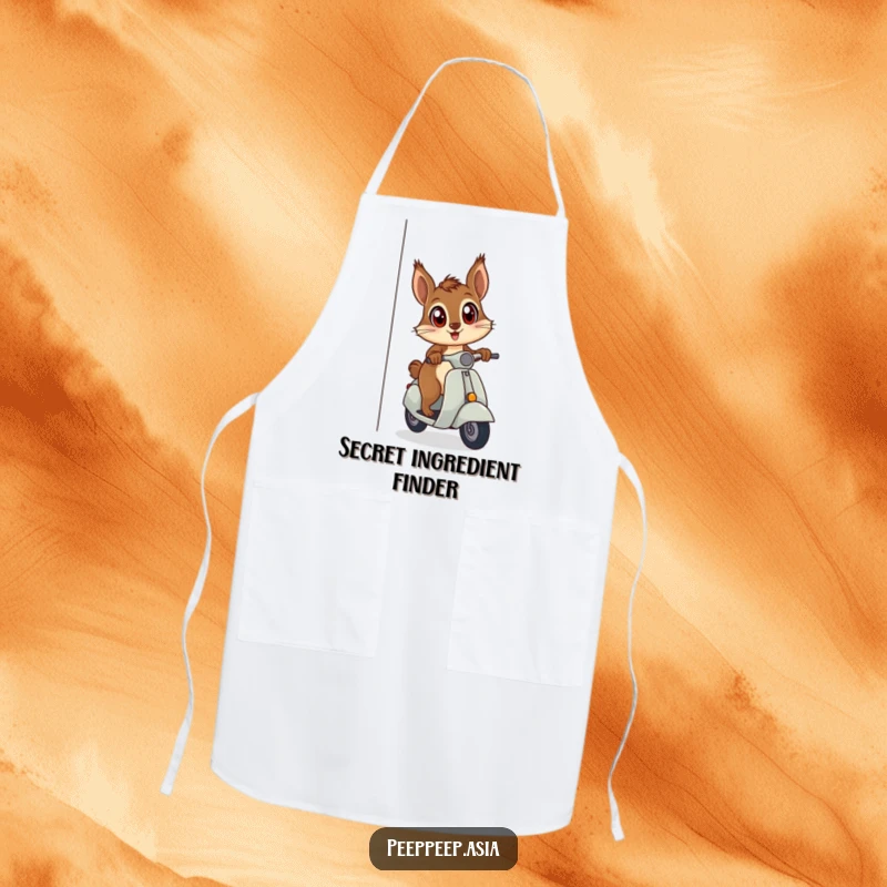 Funny curious squirrel on a scooter peeking around a corner, making this apron a humorous and practical kitchen accessory.