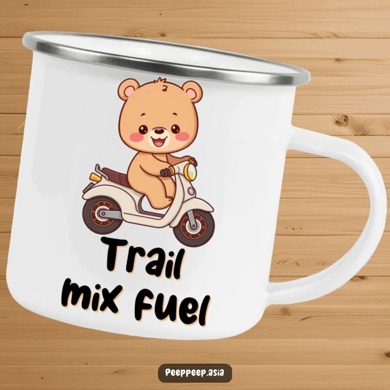 Funny cheerful brown bear cub balancing on a small moped, a humorous camping mug for outdoor adventures.