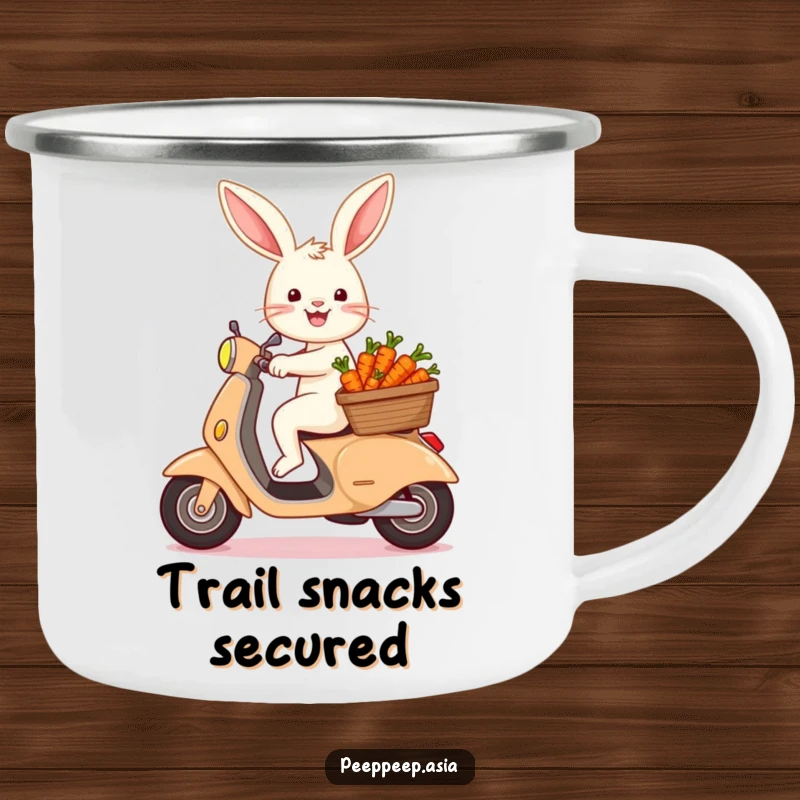 Funny bunny with a basket of carrots on a scooter, ready for the outdoors, featured on a humorous and durable camping mug.