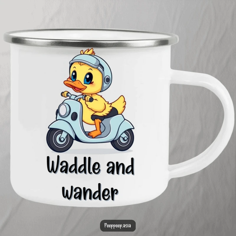 Funny camping mug with a playful duckling steering a scooter with a determined look, ready for adventures.