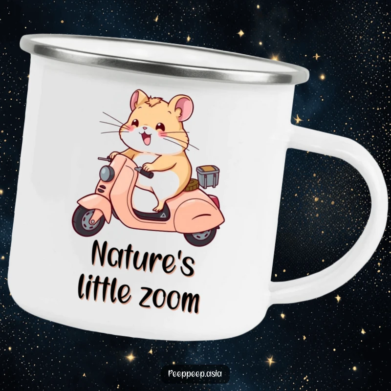 Funny hamster with wind-blown whiskers on a scooter, ready for the outdoors, featured on a humorous and durable camping mug.