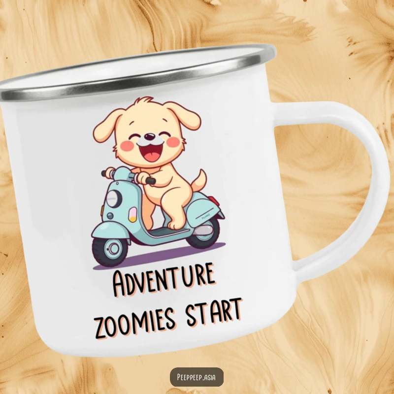 Funny camping mug with a joyful puppy riding a scooter and barking with glee, perfect for outdoor enjoyment.