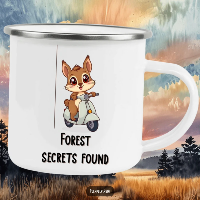Funny curious squirrel on a scooter peeking around a corner, ready for the outdoors, featured on a humorous camping mug.