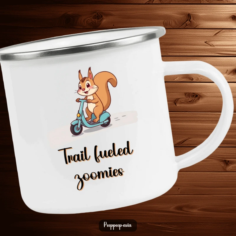 Funny camping mug with a happy squirrel expertly riding a scooter on a curved path, ready for outdoor fun.