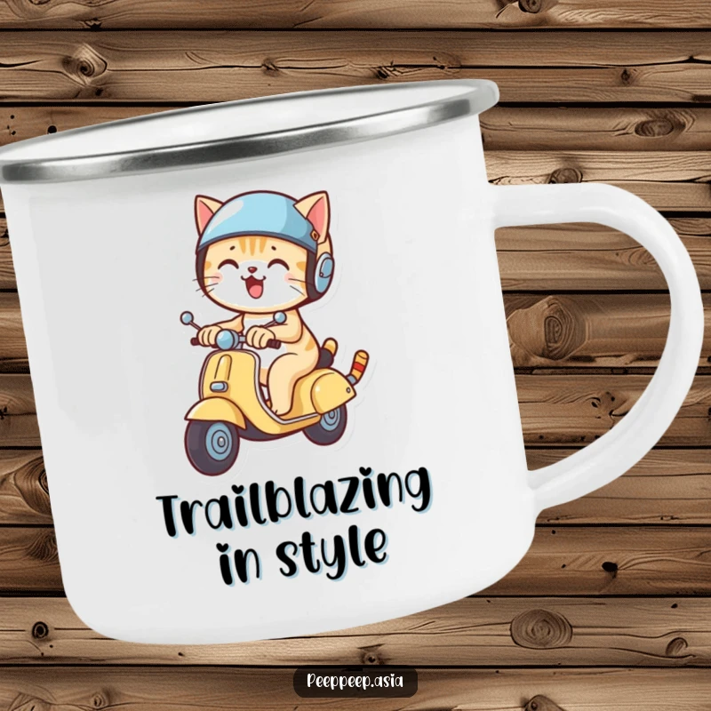 Funny cat with a helmet on a scooter, ready for the outdoors, featured on a humorous and durable camping mug.