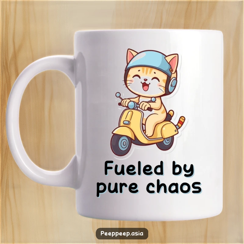 Funny smiling cat wearing a tiny helmet, zooming on a miniature scooter, depicted on a mug for a hilarious gift.