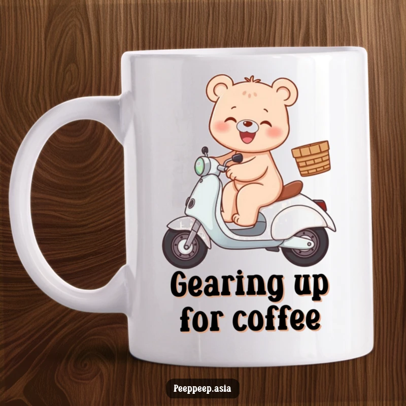 Funny bear mug showing a gleeful bear character riding a scooter with a basket, ready for adventure.