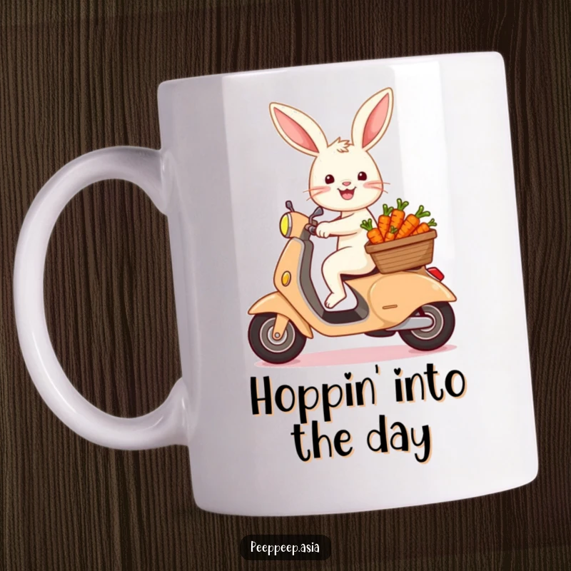 Funny happy bunny on a scooter with a basket full of tiny carrots, depicted on a mug for a hilarious gift.