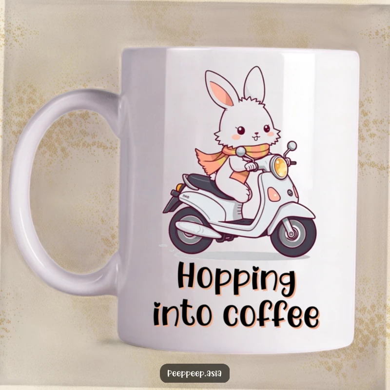 Funny fluffy white bunny wearing a scarf, zipping past on a small moped, ceramic coffee mug, cute and humorous.
