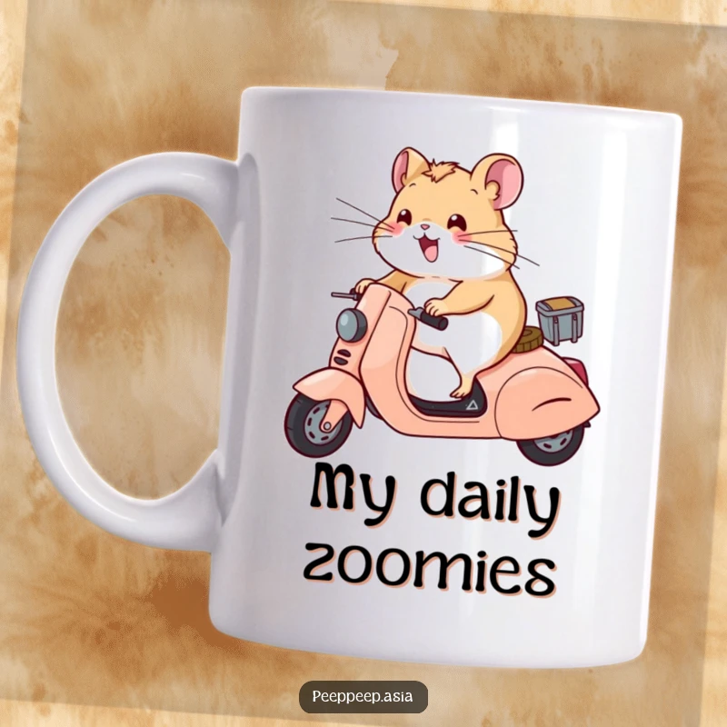 Funny cheerful hamster on a tiny scooter, wind blowing its whiskers, depicted on a mug for a hilarious gift.