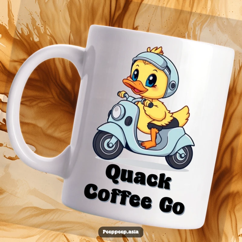 Funny mug featuring a playful duckling steering a scooter with a determined look, ready for any challenge.