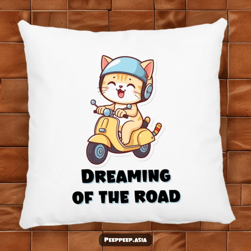 Funny cat wearing a helmet and riding a scooter, featured on a plush pillow for humorous and comfortable home decor.
