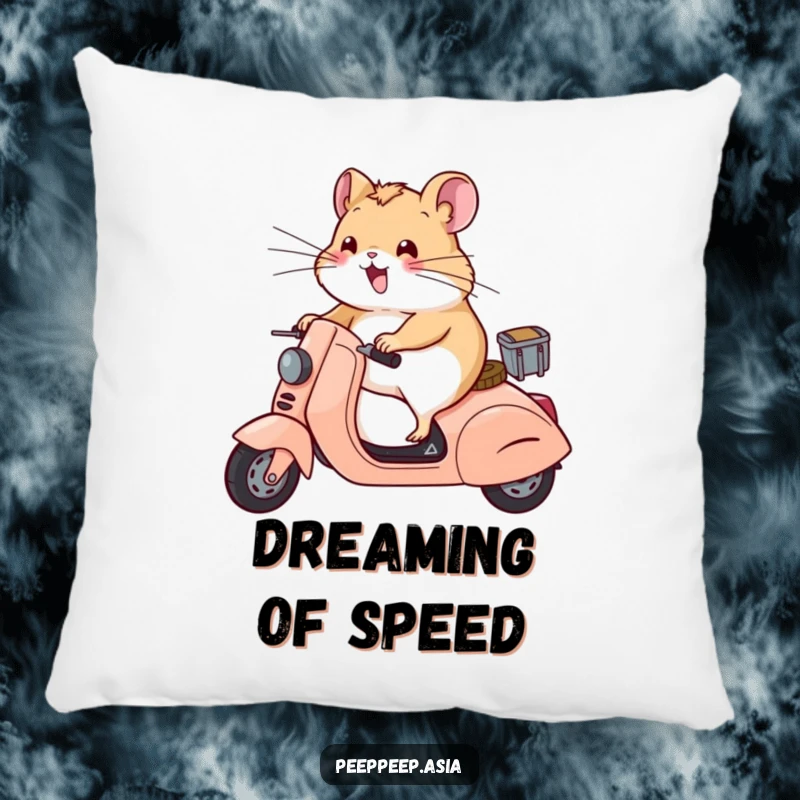 Funny hamster with wind-blown whiskers riding a scooter, featured on a plush pillow for humorous and comfortable home decor.