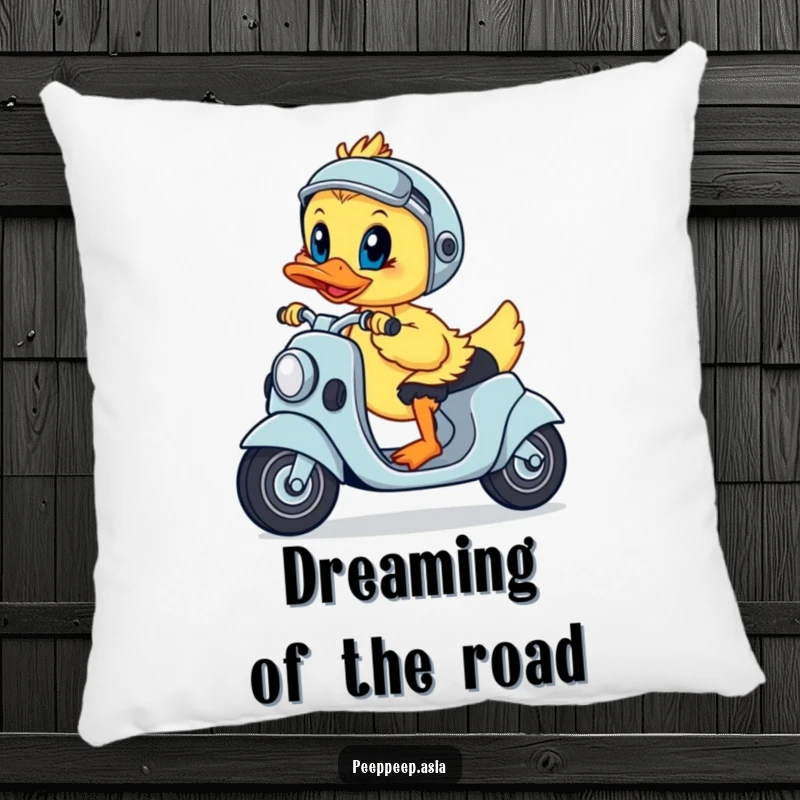 Funny pillow featuring a playful duckling steering a scooter with a determined look, adding comfort and inspiration.