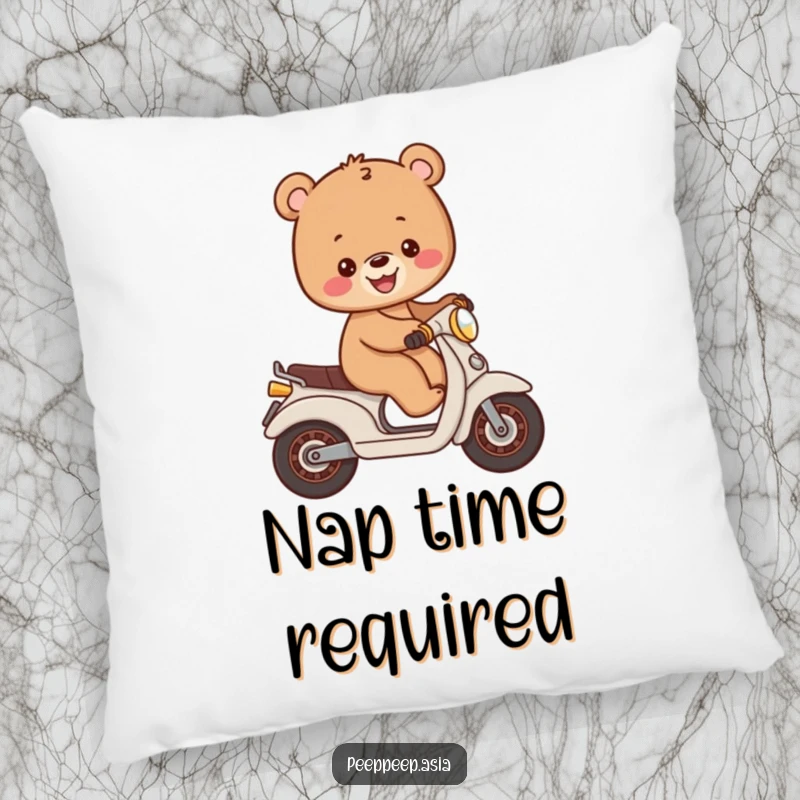 Funny cheerful brown bear cub balancing on a small moped, a soft and humorous decorative pillow.