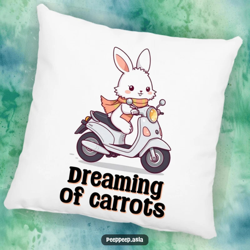 Funny fluffy white bunny wearing a scarf, zipping by on a moped, a soft and humorous decorative pillow.