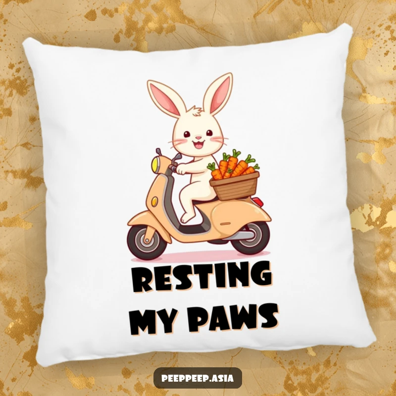Funny bunny with a basket of carrots riding a scooter, featured on a plush pillow for humorous and comfortable home decor.