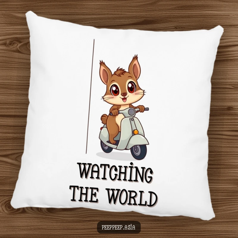 Funny curious squirrel riding a scooter and peeking from a corner, featured on a plush pillow for humorous home decor.