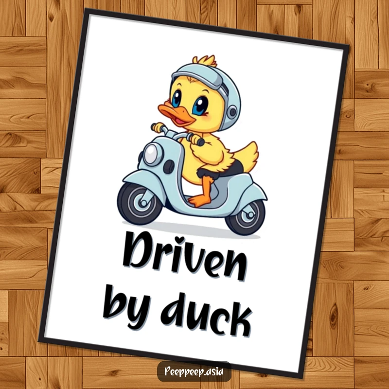 Funny digital art print of a playful duckling steering a scooter with a determined look, ready to inspire.