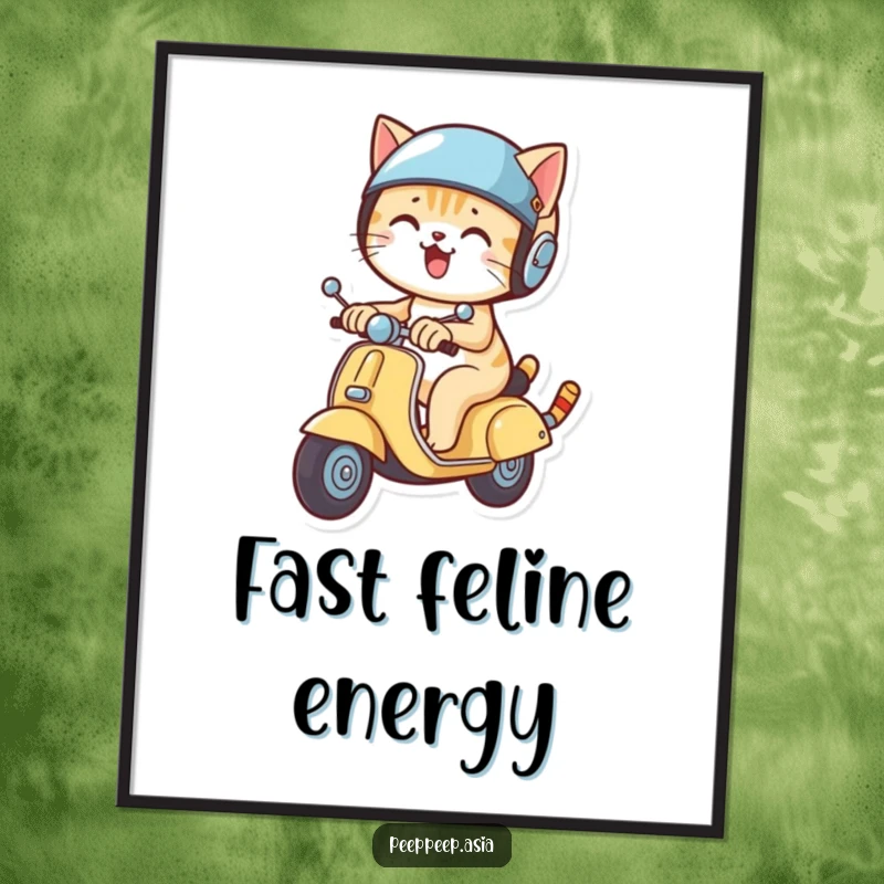 Funny cat wearing a helmet and zooming on a scooter, available as a digital art print for immediate humorous decoration.