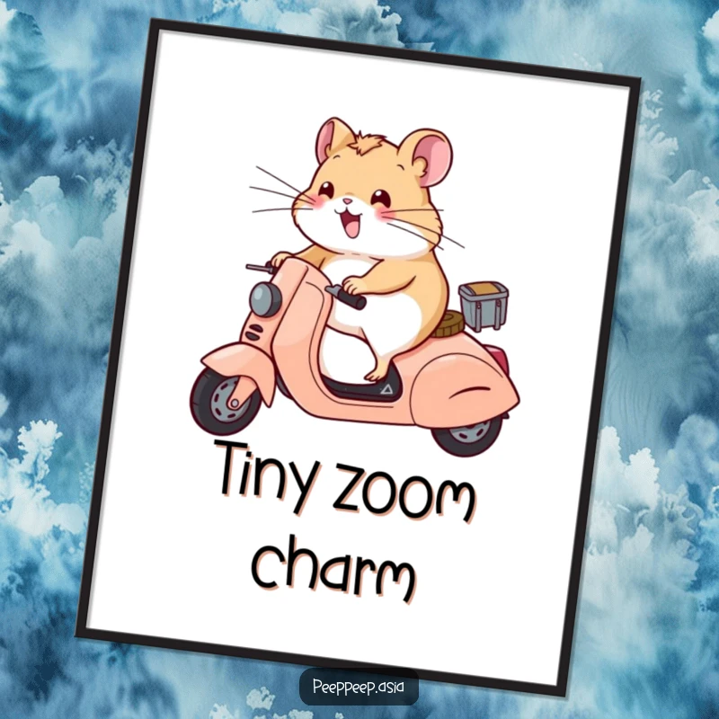 Funny hamster with wind-blown whiskers zooming on a scooter, available as a digital art print for immediate humorous decoration.