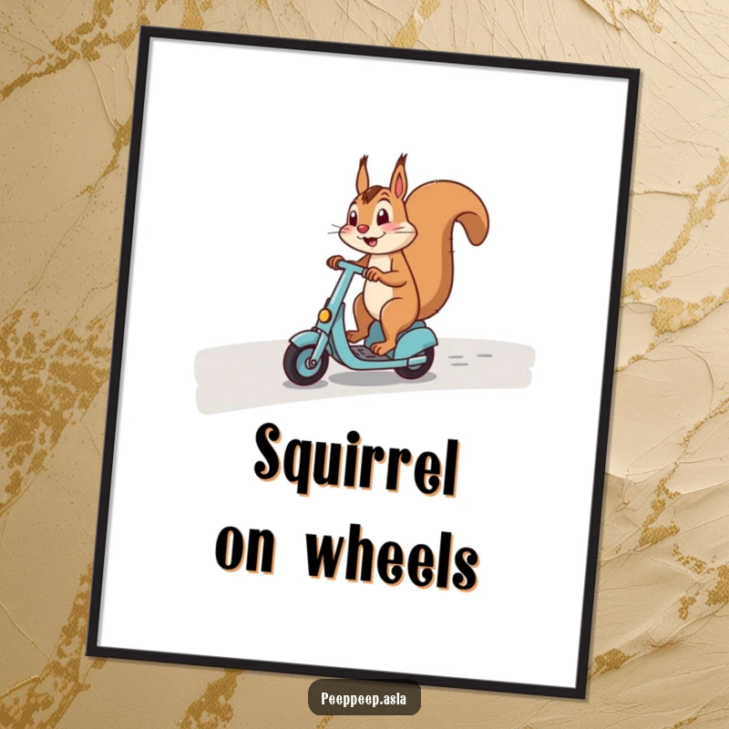 Funny digital art print of a happy squirrel expertly riding a scooter on a curved path, ready to adorn any space.