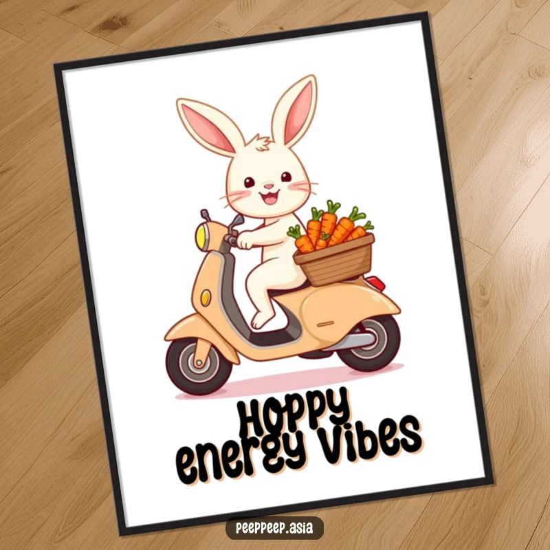 Funny bunny with a basket of carrots zooming on a scooter, available as a digital art print for immediate humorous decoration.