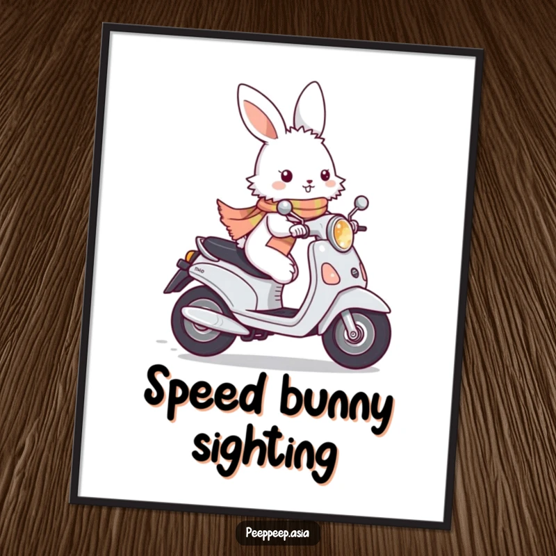 Funny fluffy white bunny wearing a scarf, zipping by on a moped, printable digital art for instant cheerful and humorous decor.