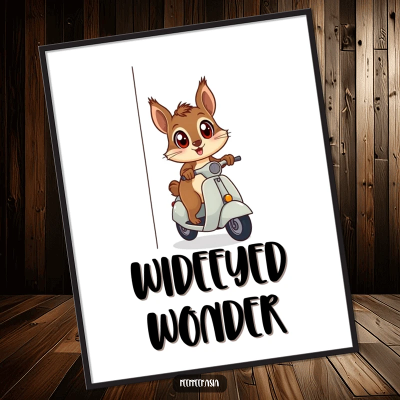 Funny curious squirrel peeking with wide eyes from around a corner on a scooter, available as a digital art print.