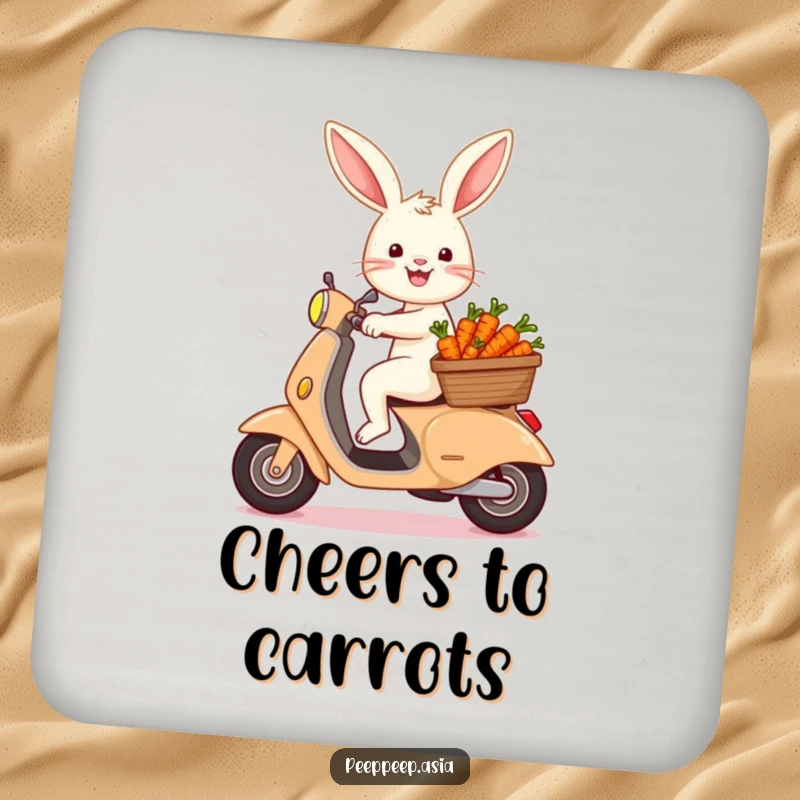 Funny bunny with a basket of carrots riding a scooter, presented on a protective drink coaster for a humorous touch.