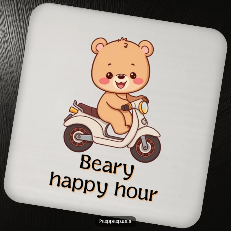 Funny cheerful brown bear cub balancing on a small moped, decorative drink coasters with a cute and humorous design.