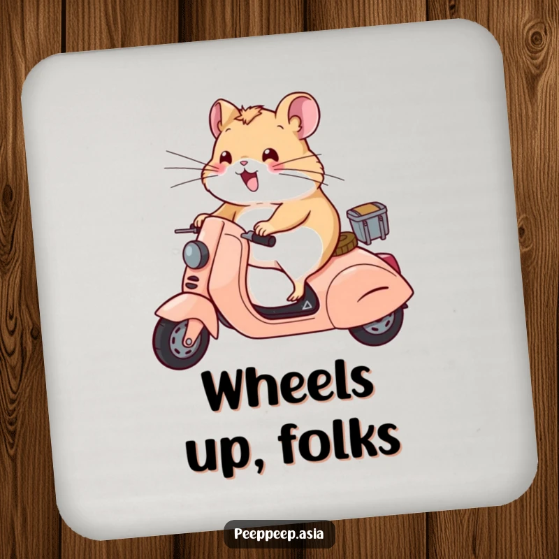 Funny hamster with wind-blown whiskers riding a scooter, presented on a protective drink coaster for a humorous touch.