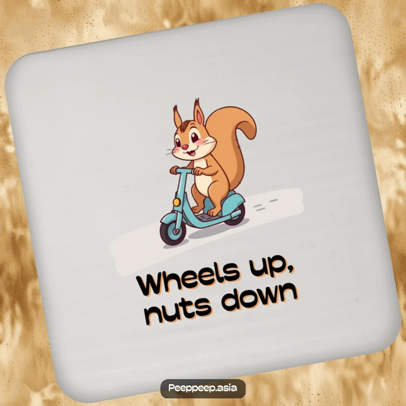Funny drink coasters featuring a happy squirrel expertly riding a scooter on a curved path, protecting surfaces with charm.