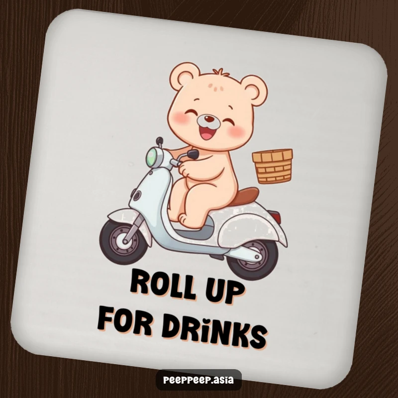 Funny bear scooter drink coaster featuring a gleeful bear character riding a scooter with a basket.