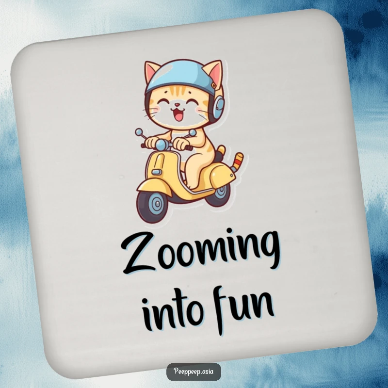 Funny cat wearing a helmet and riding a scooter, presented on a protective drink coaster for a humorous touch.