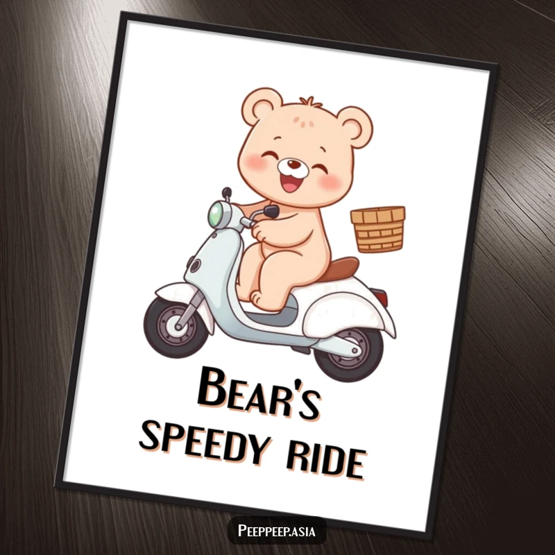 Funny bear scooter poster depicting a gleeful bear character joyfully riding a scooter with a front basket.