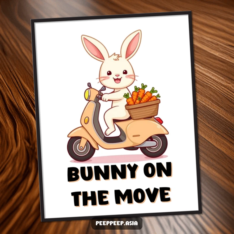 Funny bunny riding a scooter with a basket of carrots, displayed on a poster for humorous and eye-catching wall decor.