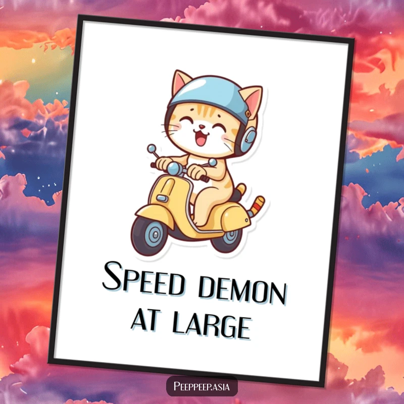 Funny cat in a helmet riding a scooter at speed, displayed on a poster for humorous and eye-catching wall decor.