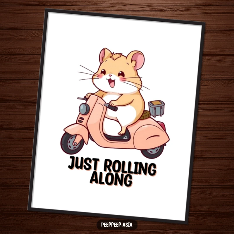 Funny hamster with wind-blown whiskers riding a scooter at speed, displayed on a poster for humorous and eye-catching wall decor.