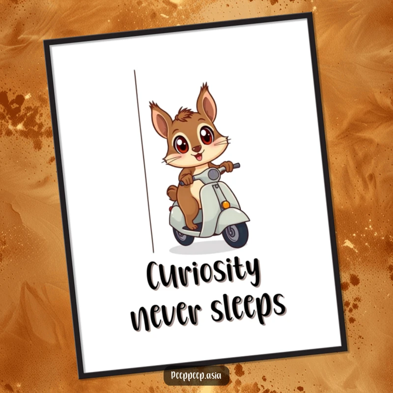 Funny curious squirrel on a scooter peeking with wide eyes around a corner, displayed on a poster for humorous decor.