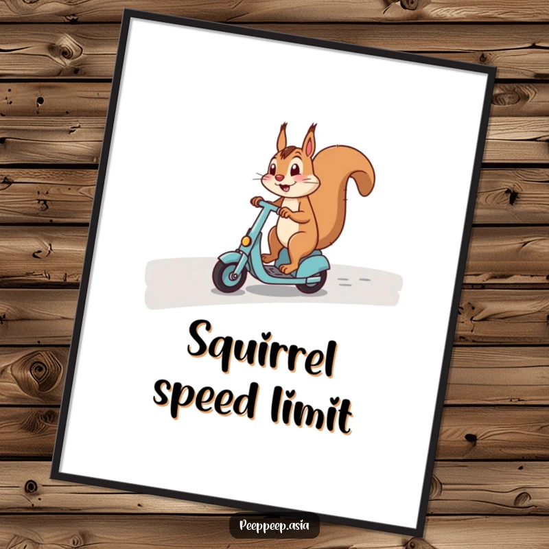 Funny poster of a happy squirrel skillfully riding a scooter on a curved path, exuding playful energy.