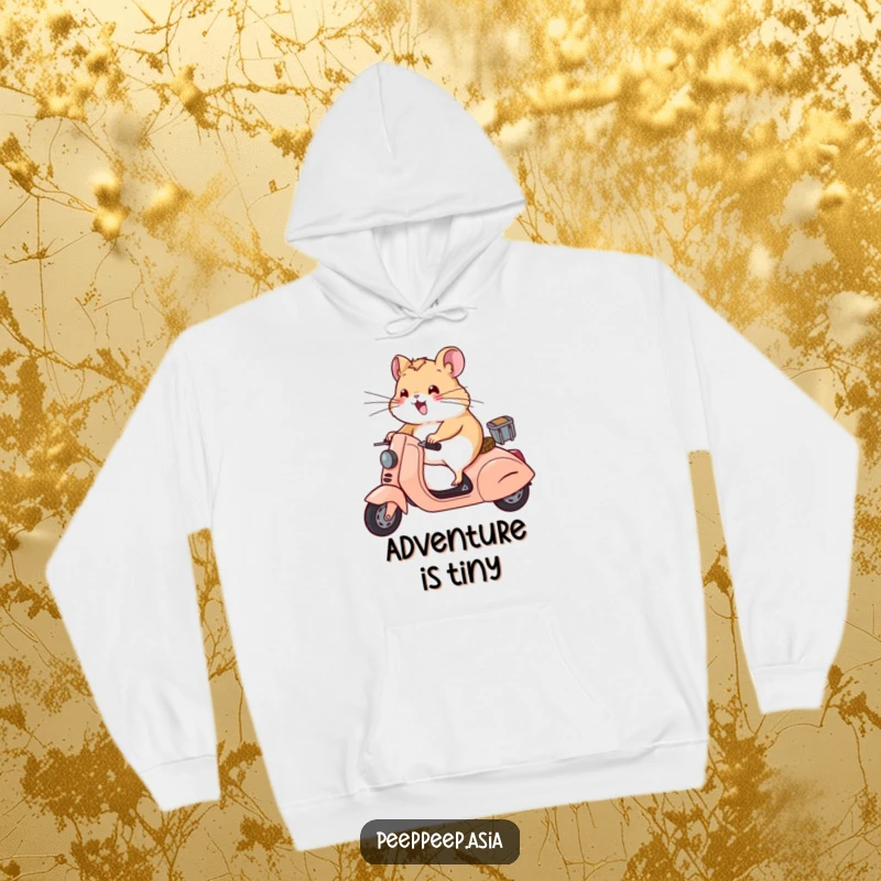 Funny hamster with wind-blown whiskers riding a scooter, printed on a cozy hoodie for humorous and warm wear.