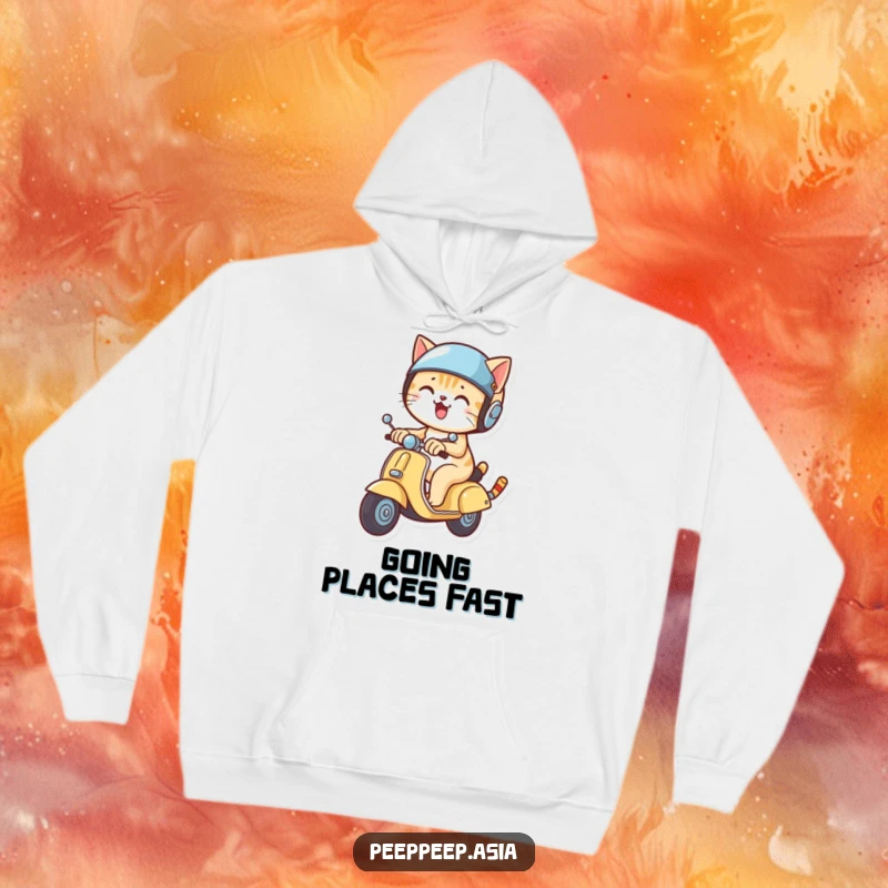 Funny cat wearing a helmet and riding a scooter, printed on a cozy hoodie for humorous and warm wear.