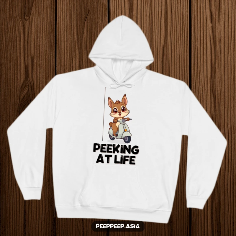 Funny curious squirrel riding a scooter and peeking, printed on a cozy hoodie for humorous and warm wear.